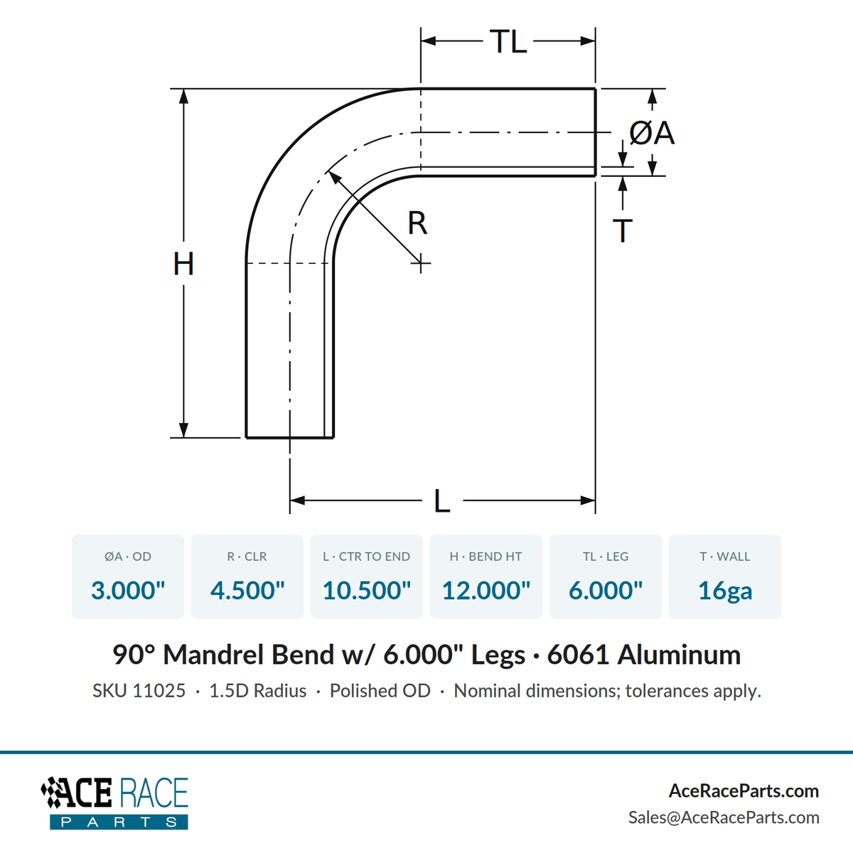 3.000" OD 16ga 90° Mandrel Bend - Polished OD - 6061 Aluminum - (4.500" CLR / 6.000" Legs)