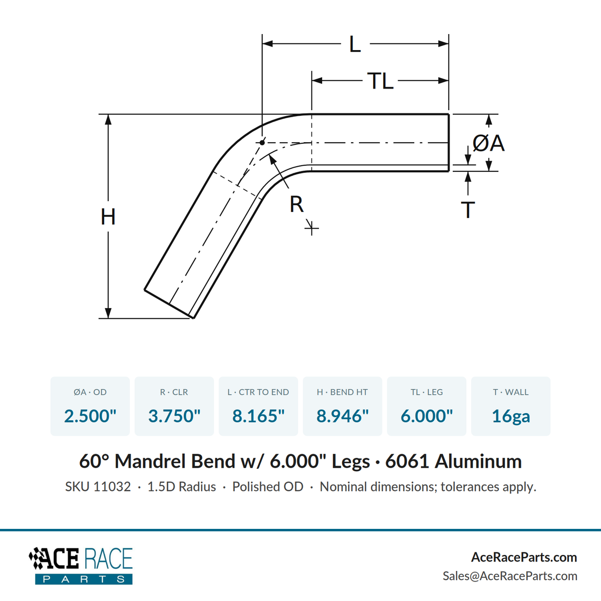 2.500" OD 16ga 60° Mandrel Bend - Polished OD - 6061 Aluminum - (3.750" CLR / 6.000" Legs)