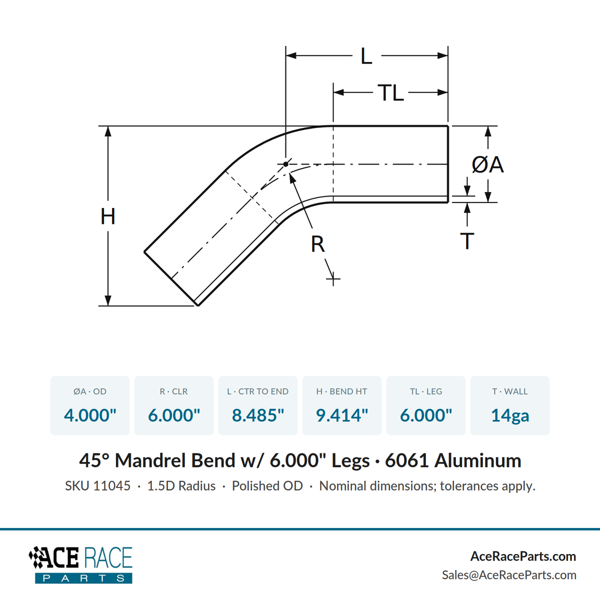 4.000" OD 14ga 45° Mandrel Bend - Polished OD - 6061 Aluminum - (6.000" CLR / 6.000" Legs)