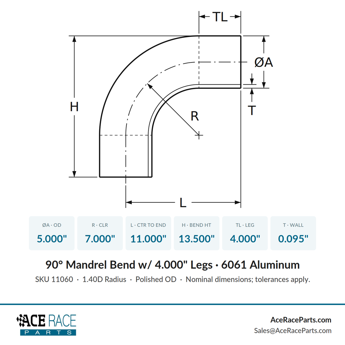 5.000" OD 14ga 90° Mandrel Bend - Polished OD - 6061 Aluminum - (7.000" CLR / 4.000" Legs)