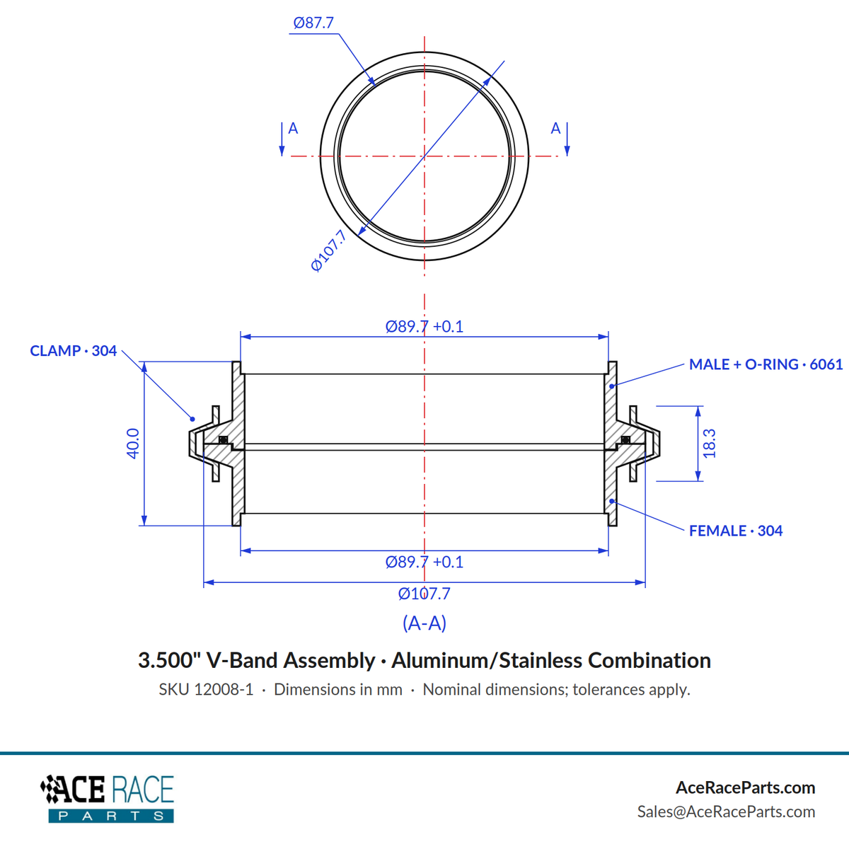 3.500" V-Band Assembly Aluminum/Stainless Combination