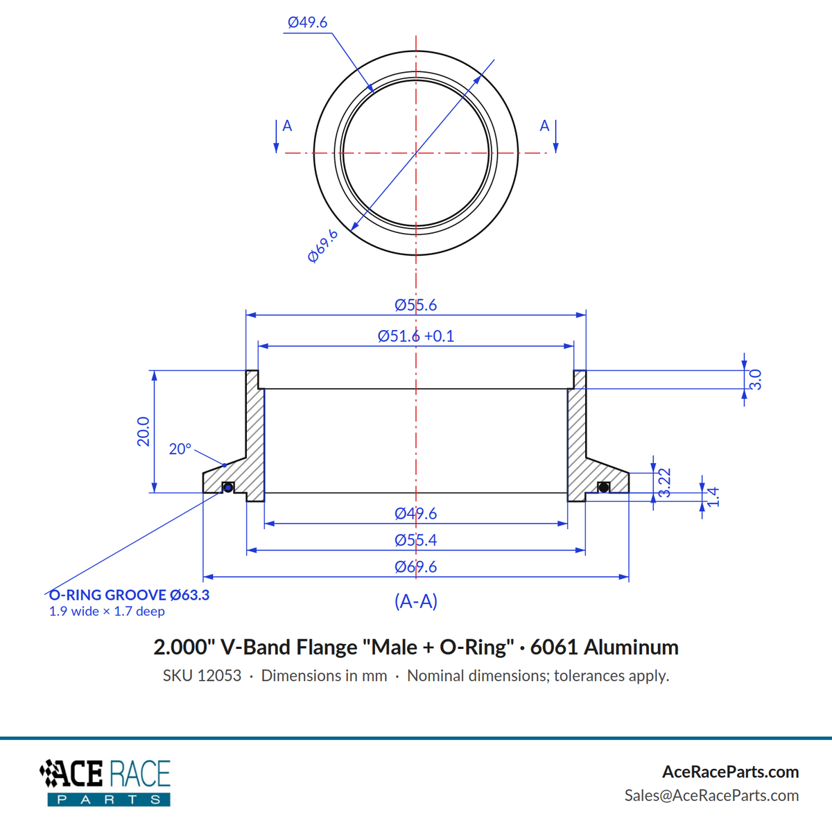 2.000" V-Band Flange "Male + O-Ring" 6061 Aluminum