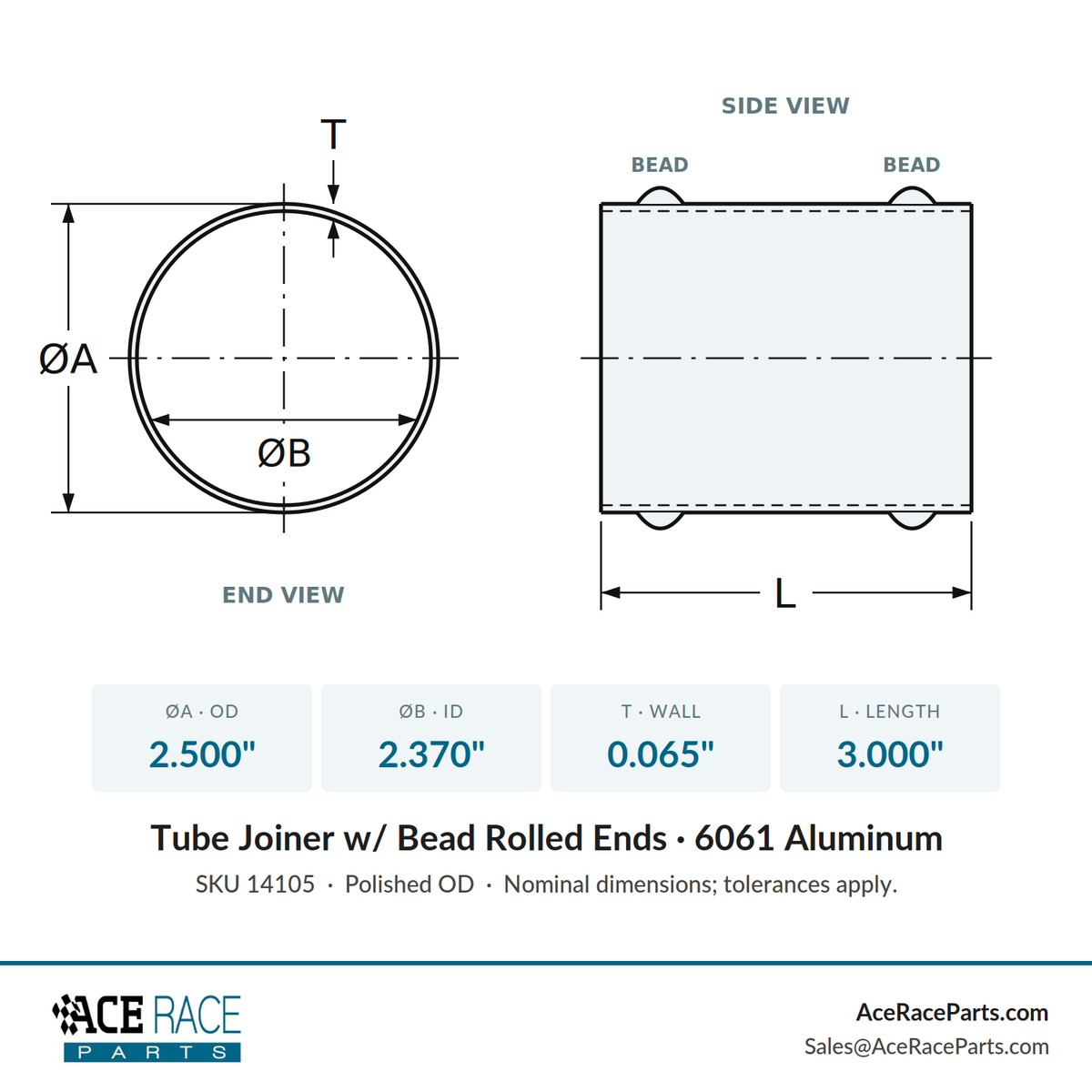 2.500" OD Aluminum Joiner with Bead Rolled Ends - Polished OD - 6061 Aluminum