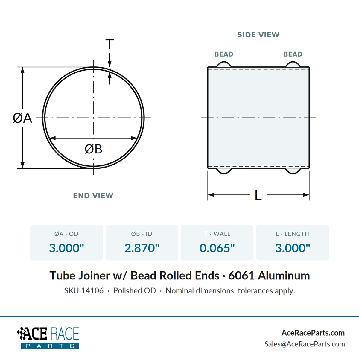 3.000" OD Aluminum Joiner with Bead Rolled Ends - Polished OD - 6061 Aluminum