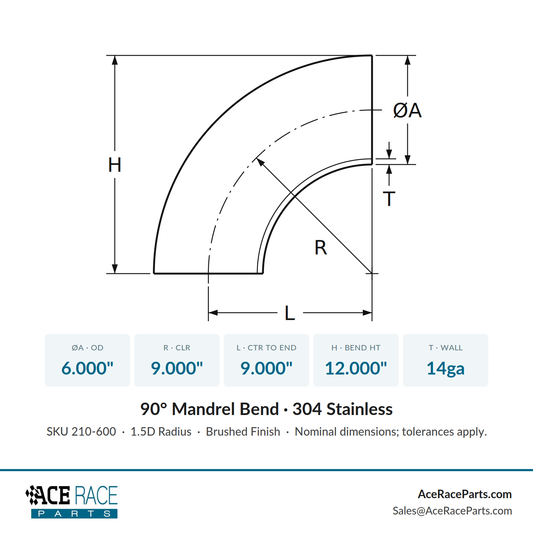 6.000" 14ga 90° Mandrel Bend - (9.000" CLR) - Brushed Finish - 304 Stainless