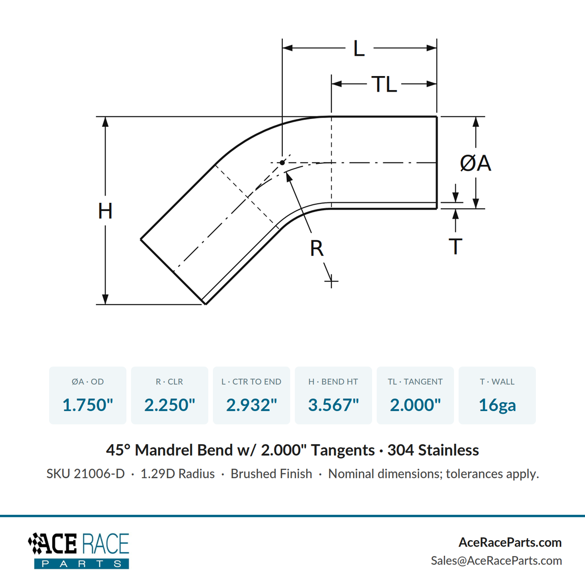 1.750" 16ga 45° Mandrel Bend w/ 2" Tangents - (2.250" CLR) - Brushed Finish - 304 Stainless