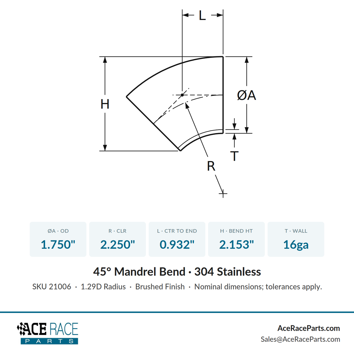 1.750" 16ga 45° Mandrel Bend - (2.250" CLR) - Brushed Finish - 304 Stainless