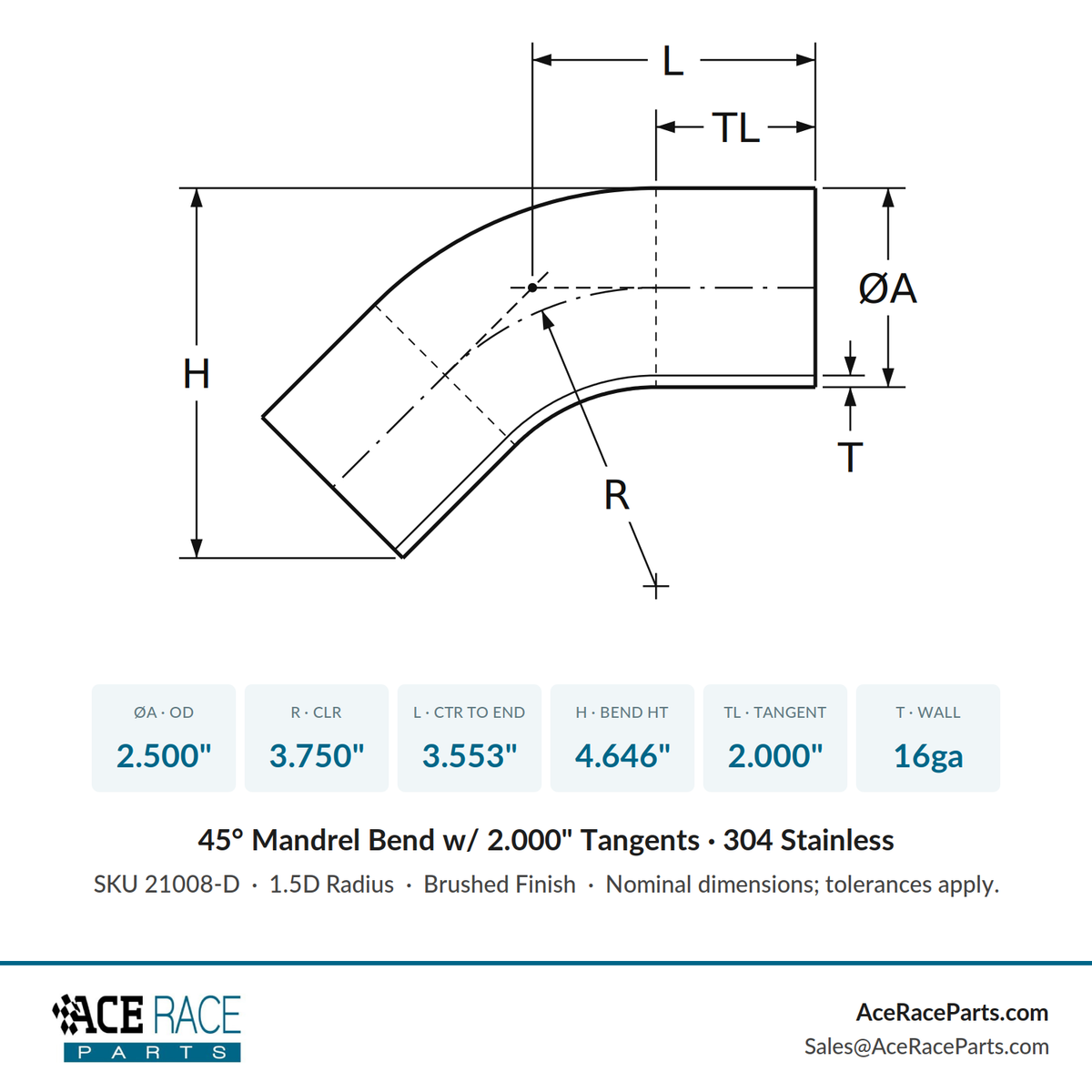 2.500" 16ga 45° Mandrel Bend w/ 2" Tangents - (3.750" CLR) - Brushed Finish - 304 Stainless