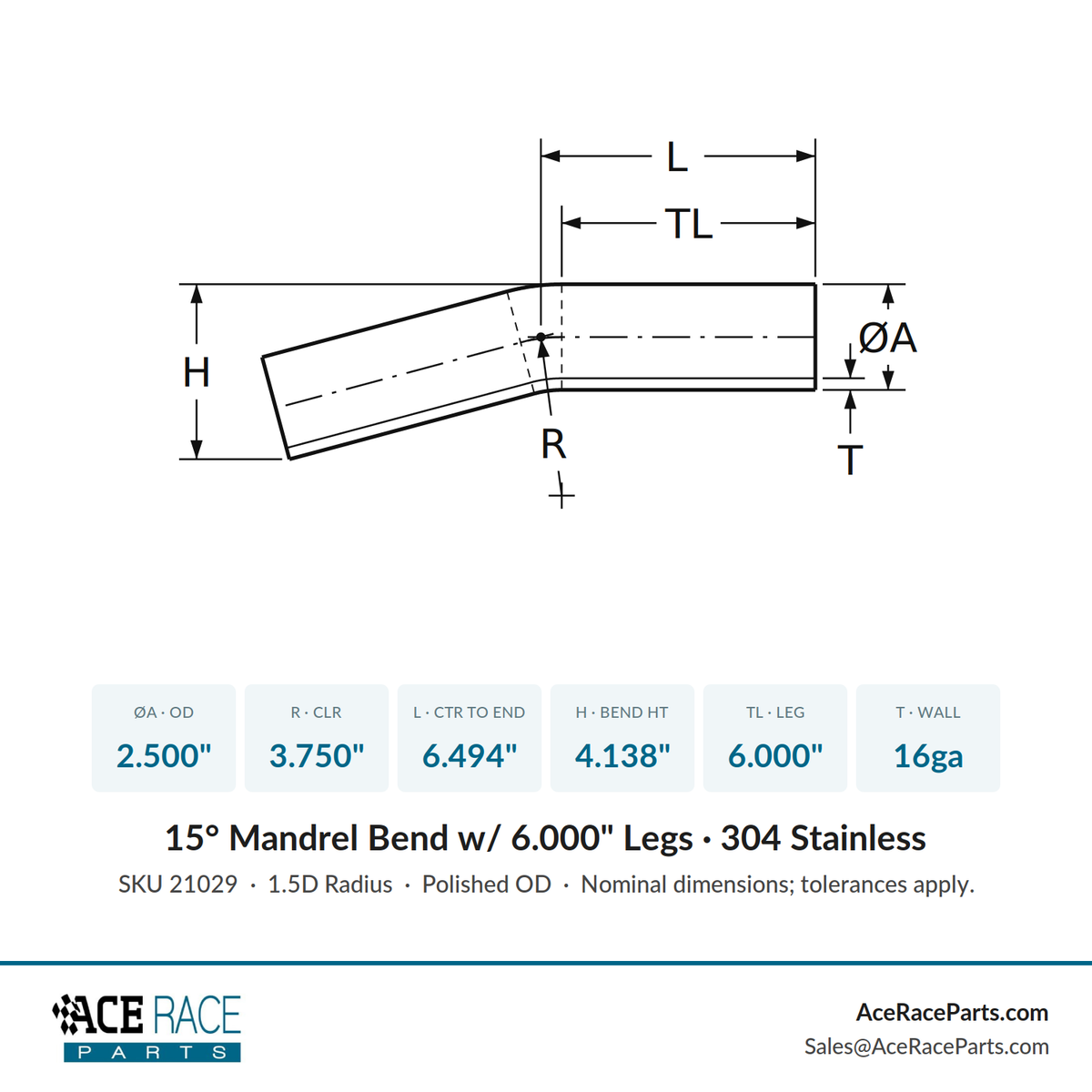 2.500" 16ga 15° Mandrel Bend - (3.750" CLR / 6.000" Legs) - Polished OD - 304 Stainless