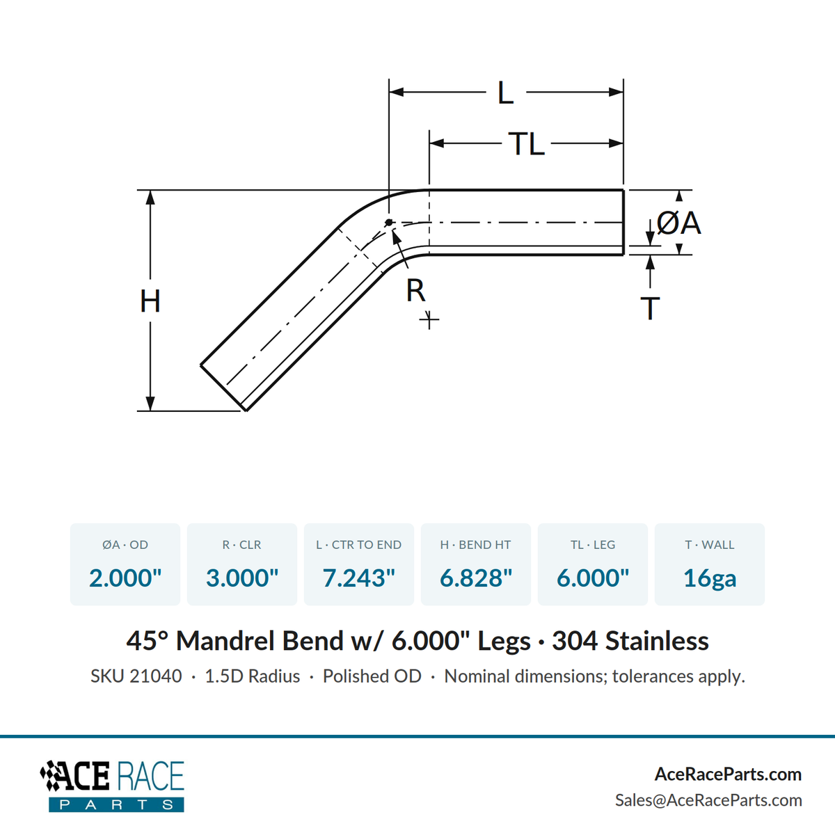 2.000" 16ga 45° Mandrel Bend - (3.000" CLR / 6.000" Legs) - Polished OD - 304 Stainless