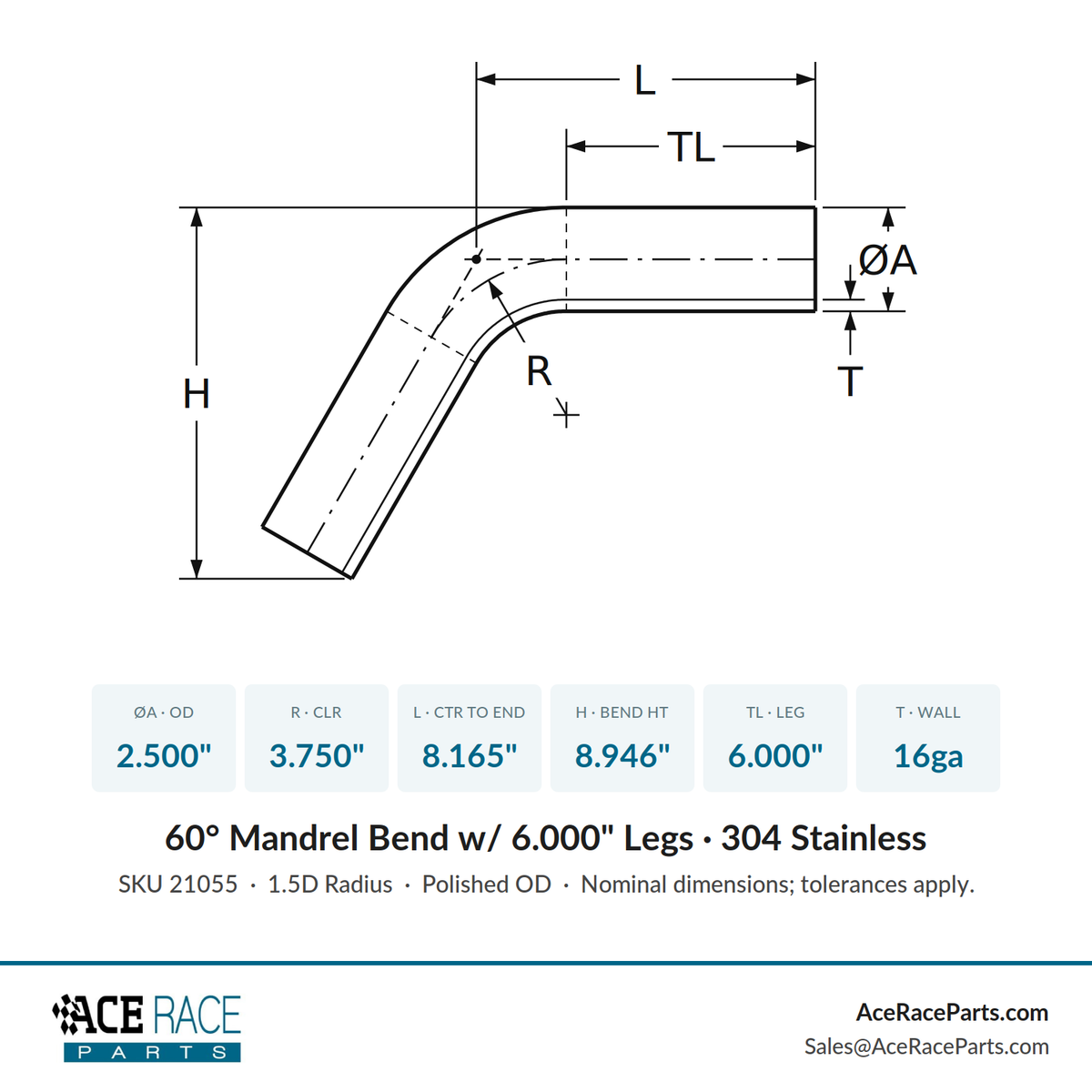 2.500" 16ga 60° Mandrel Bend - (3.750" CLR / 6.000" Legs) - Polished OD - 304 Stainless
