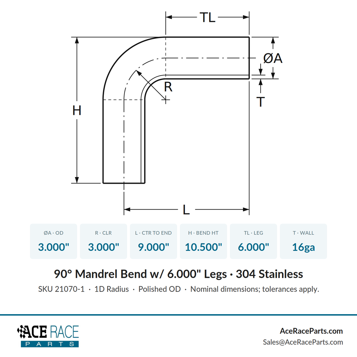 3.000" 16ga Tight Radius 90° Mandrel Bend - (3.000" CLR / 6.000" Legs) - Polished OD - 304 Stainless