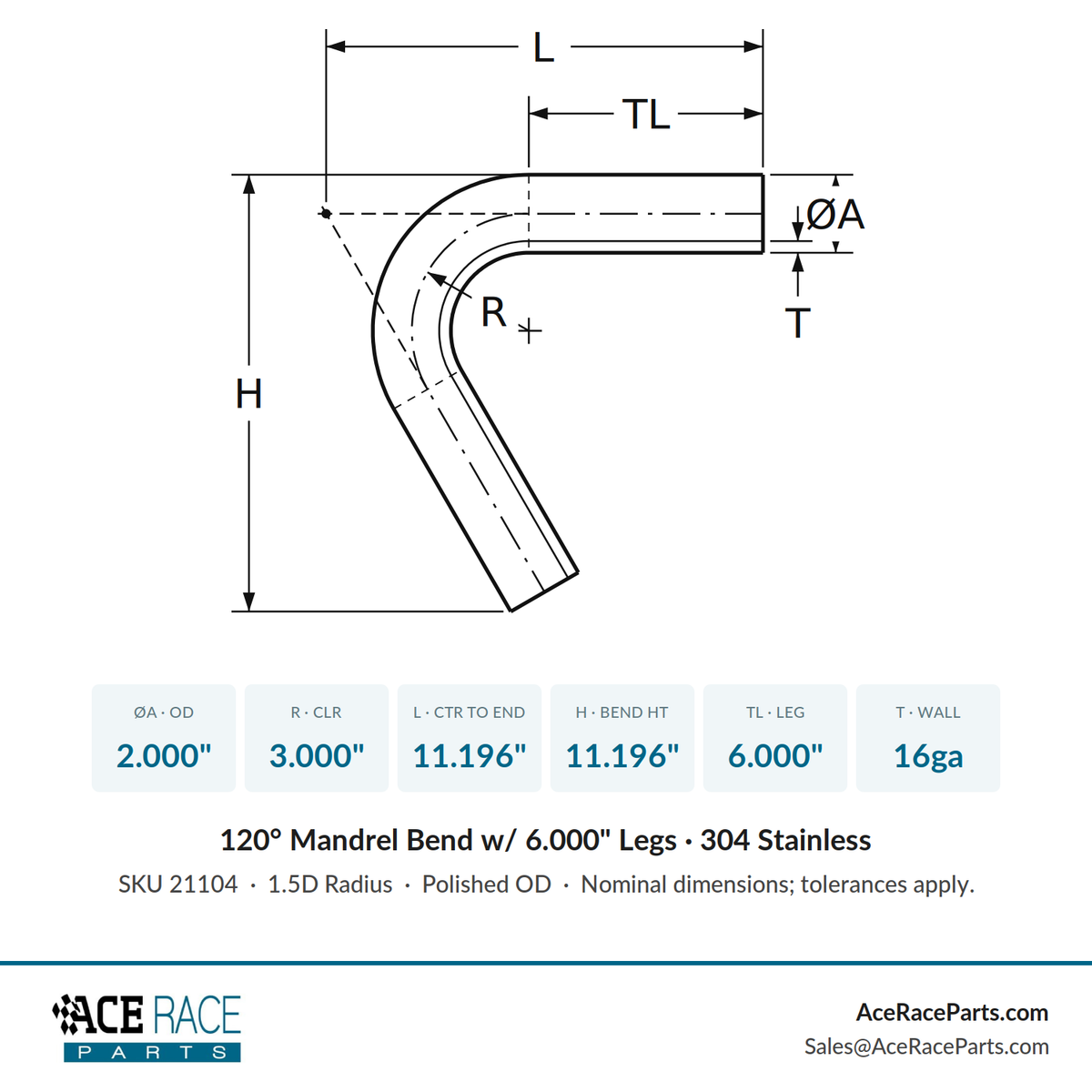 2.000" 16ga 120° Mandrel Bend - (3.000" CLR / 6.000" Legs) - Polished OD - 304 Stainless