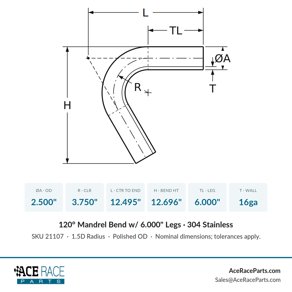 2.500" 16ga 120° Mandrel Bend - (3.750" CLR / 6.000" Legs) - Polished OD - 304 Stainless