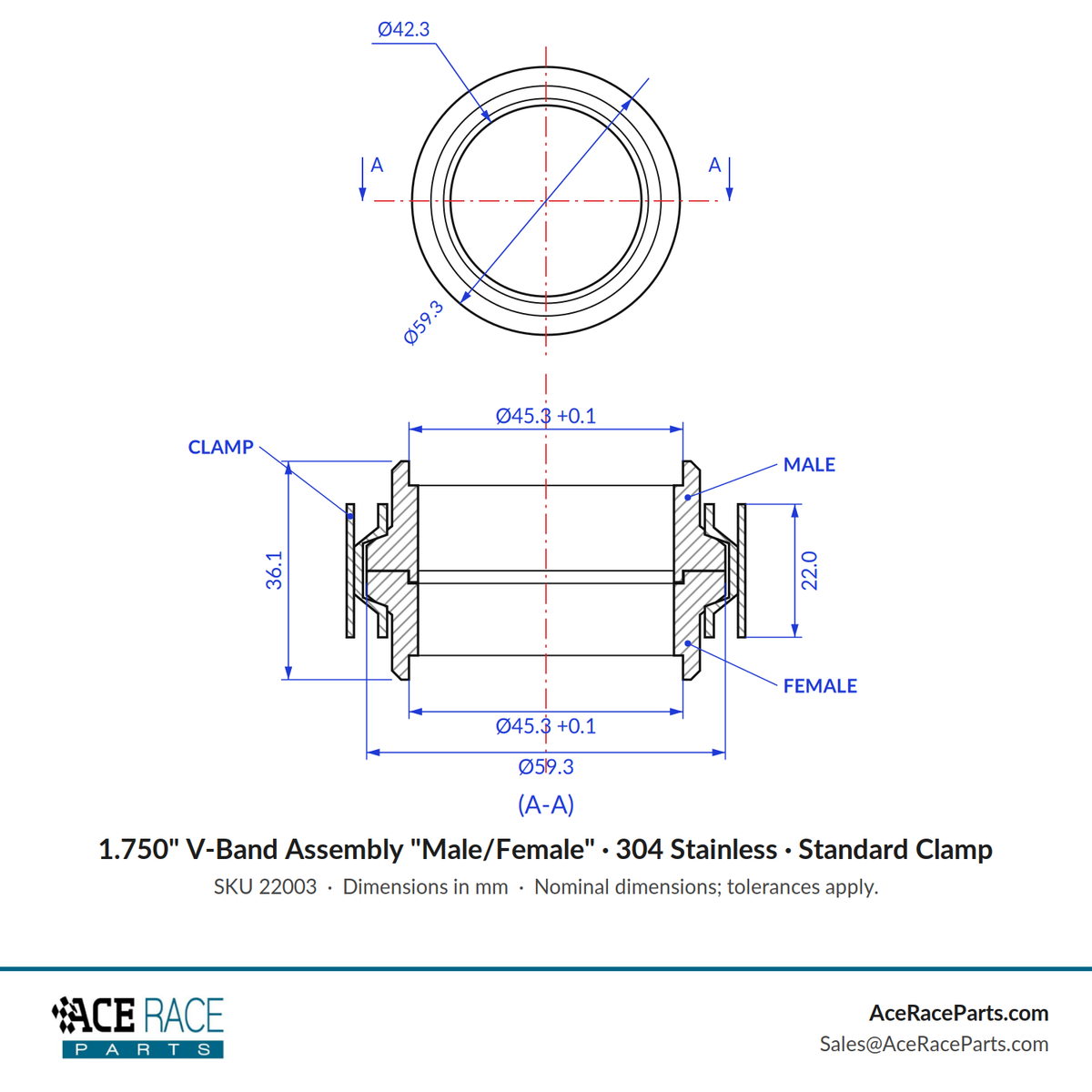 1.750" V-Band Assembly "Male/Female" 304 Stainless - Standard Clamp