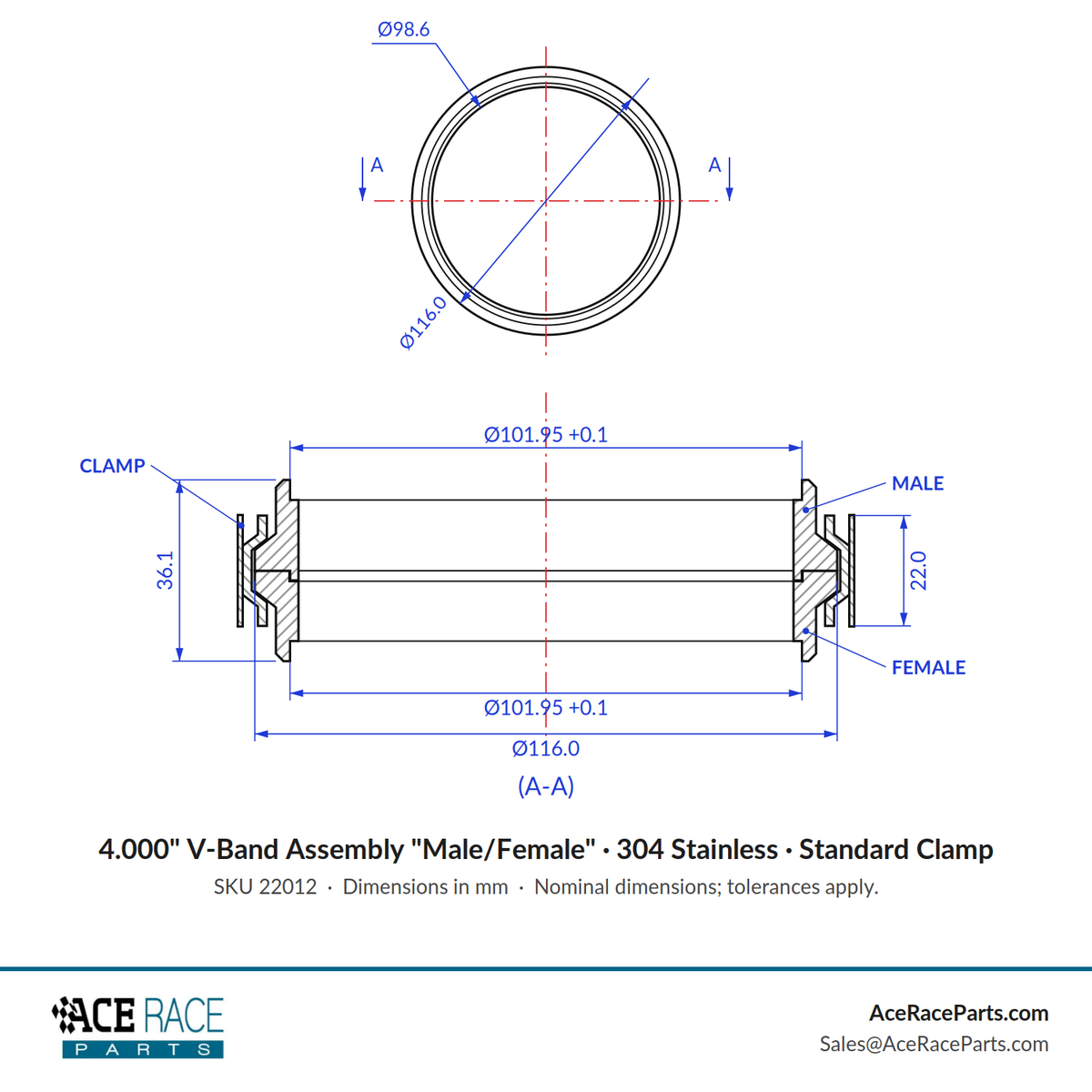 4.000" V-Band Assembly "Male/Female" 304 Stainless - Standard Clamp