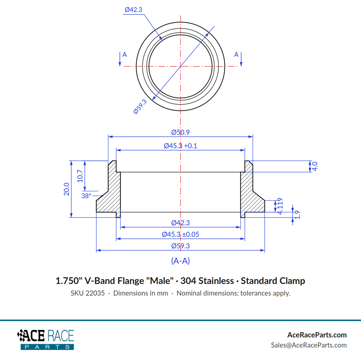 1.750" V-Band Flange "Male" 304 Stainless - Fits Standard V-Band Clamp