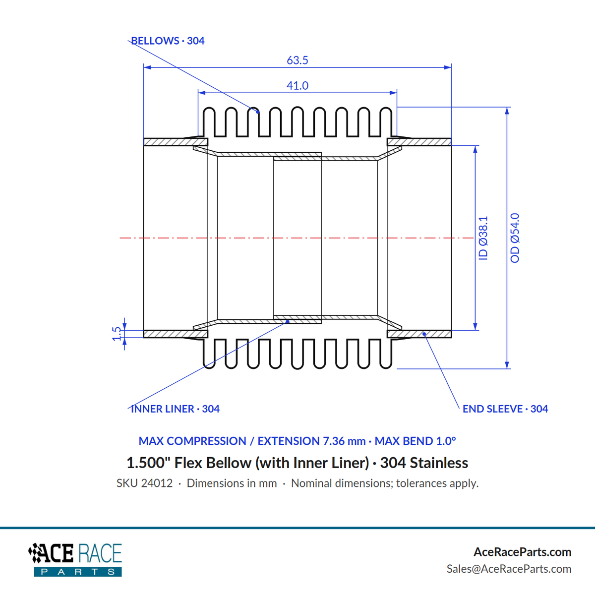 1.500" Flex Bellow (with Inner Liner) x 2.500" Overall Length - 304 Stainless