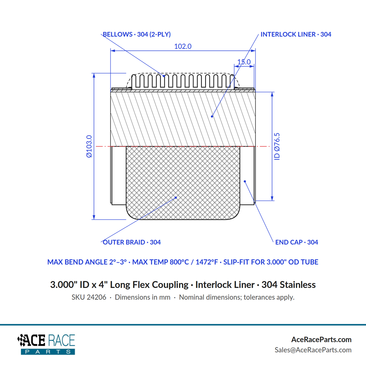 3.000" ID x 4" Long Flex Coupling (Interlock Liner) 304 Stainless