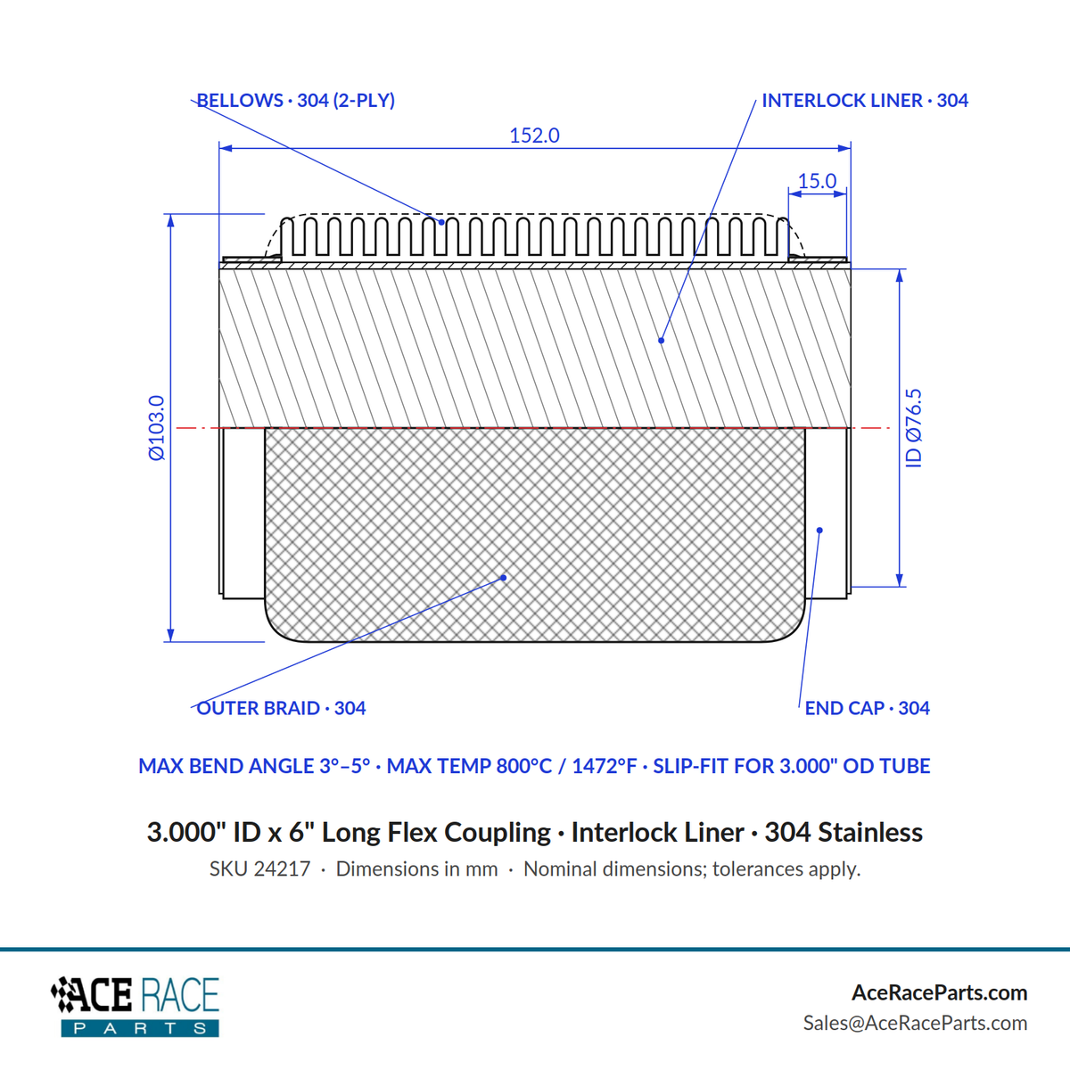 3.000" ID x 6" Long Flex Coupling (Interlock Liner) 304 Stainless
