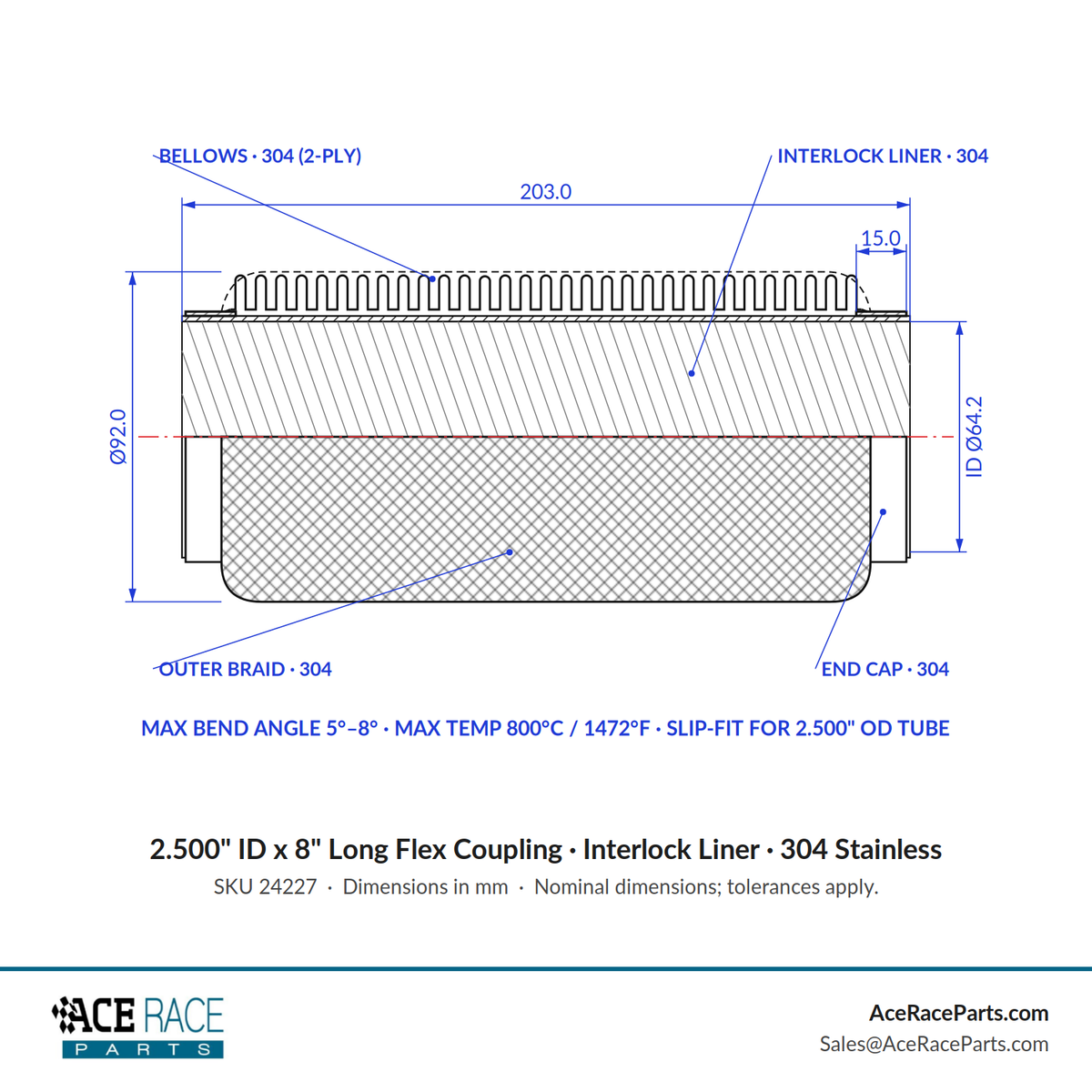 2.500" ID x 8" Long Flex Coupling (Interlock Liner) 304 Stainless