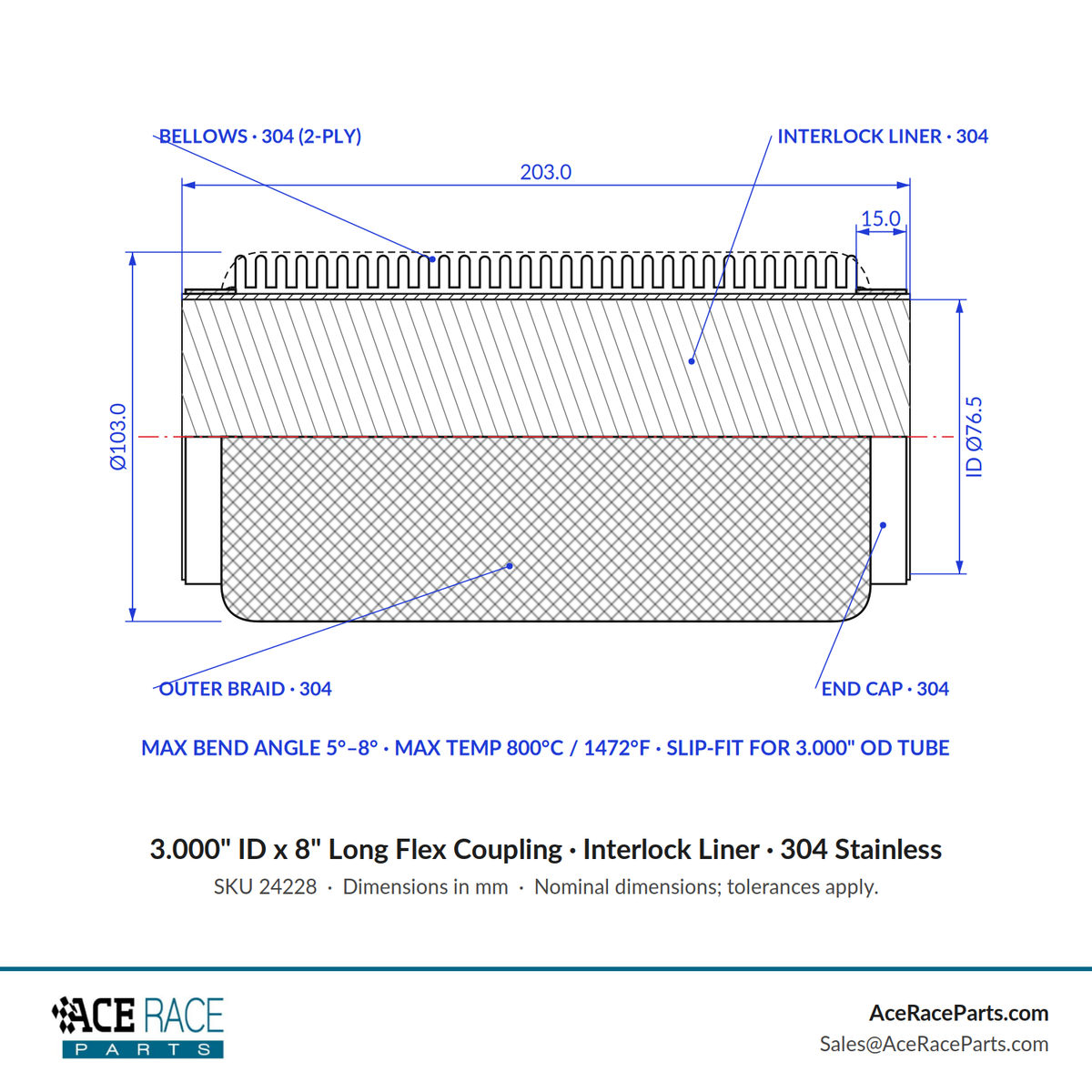 3.000" ID x 8" Long Flex Coupling (Interlock Liner) 304 Stainless