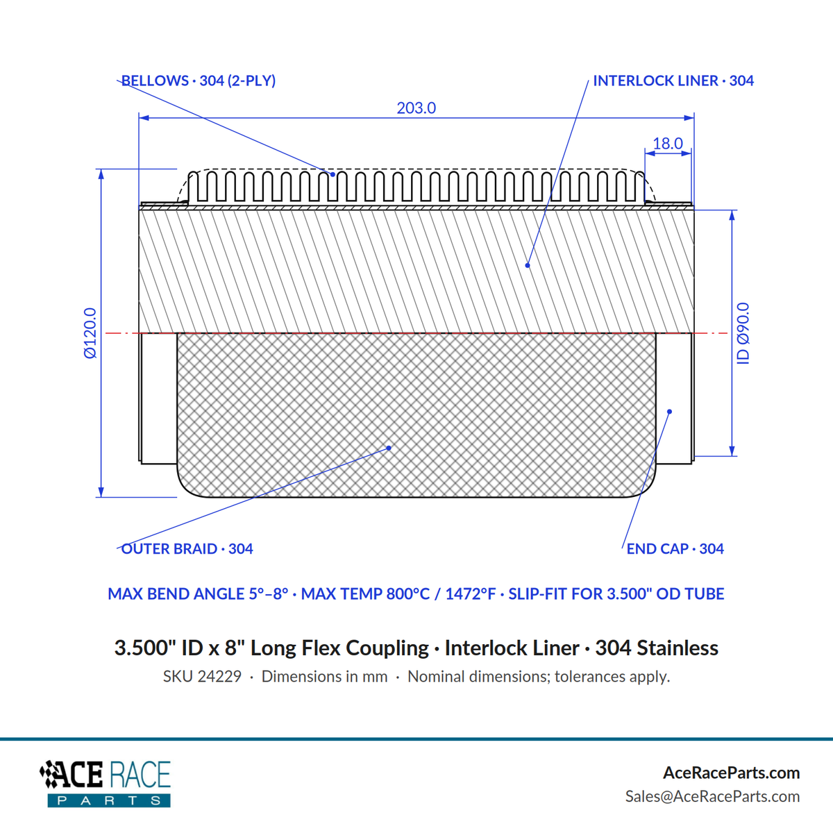 3.500" ID x 8" Long Flex Coupling (Interlock Liner) 304 Stainless