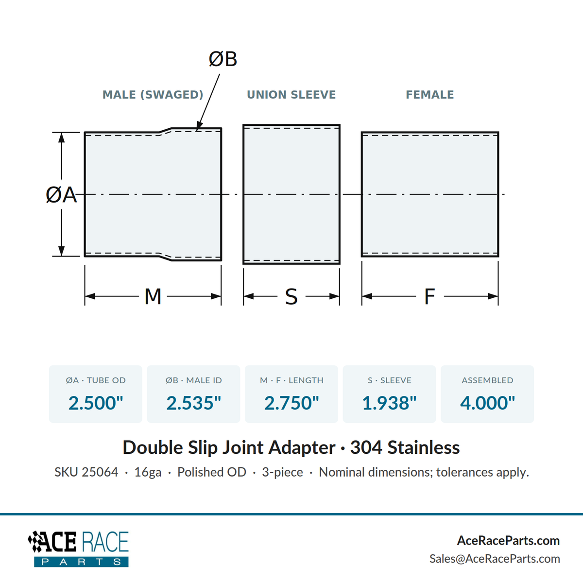 2.500" OD Double Slip Joint Adapter - Polished OD - 304 Stainless