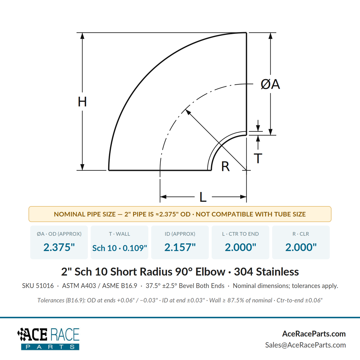 2" Schedule 10 Short Radius 90° Elbow 304 Stainless