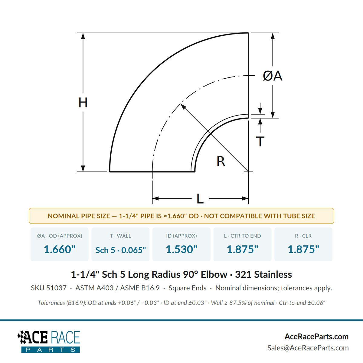 1-1/4" Schedule 5 Long Radius 90° Elbow 321 Stainless