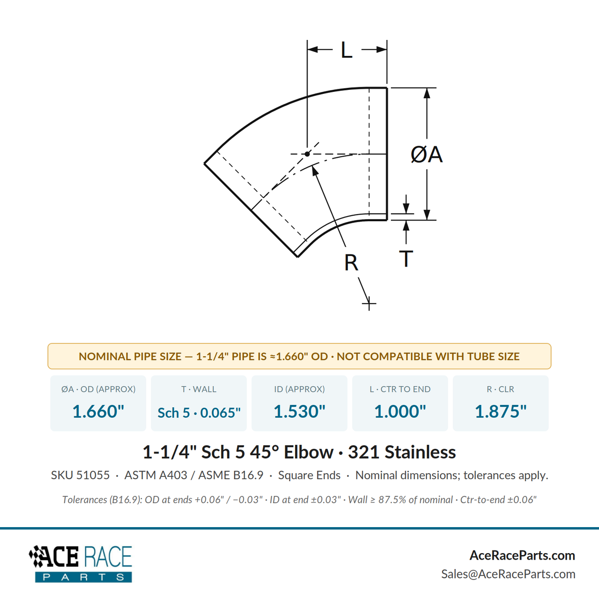 1-1/4" Schedule 5 45° Elbow 321 Stainless