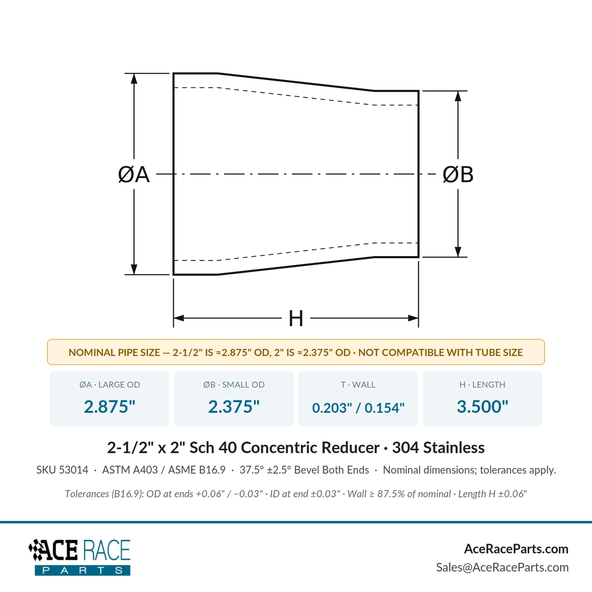 2-1/2" x 2" Schedule 40 Concentric Reducer 304 Stainless