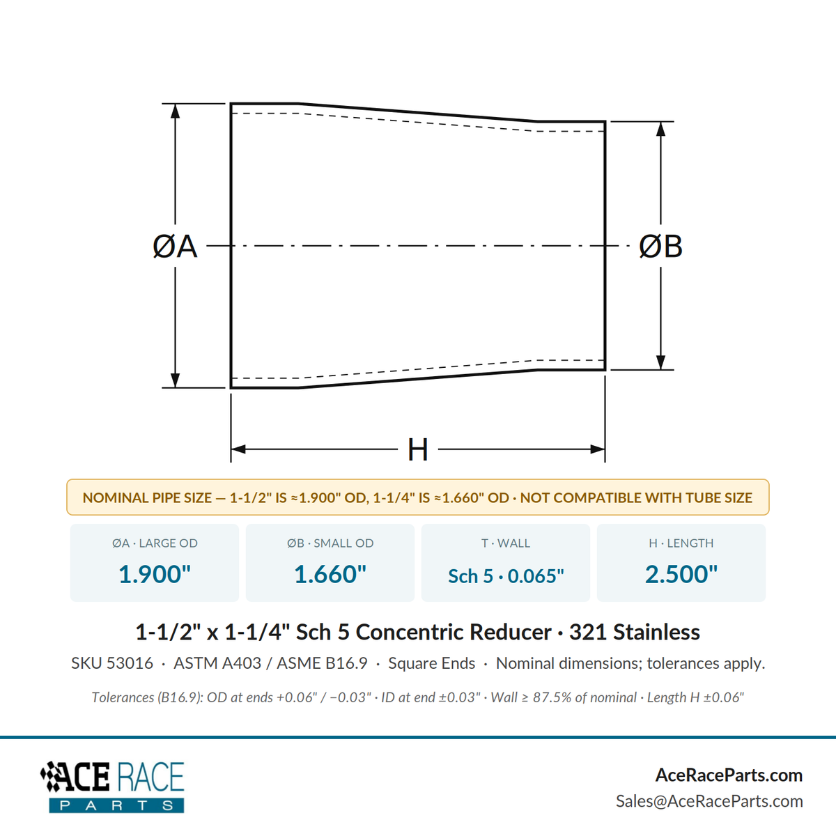 1-1/2" x 1-1/4" Schedule 5 Concentric Reducer 321 Stainless