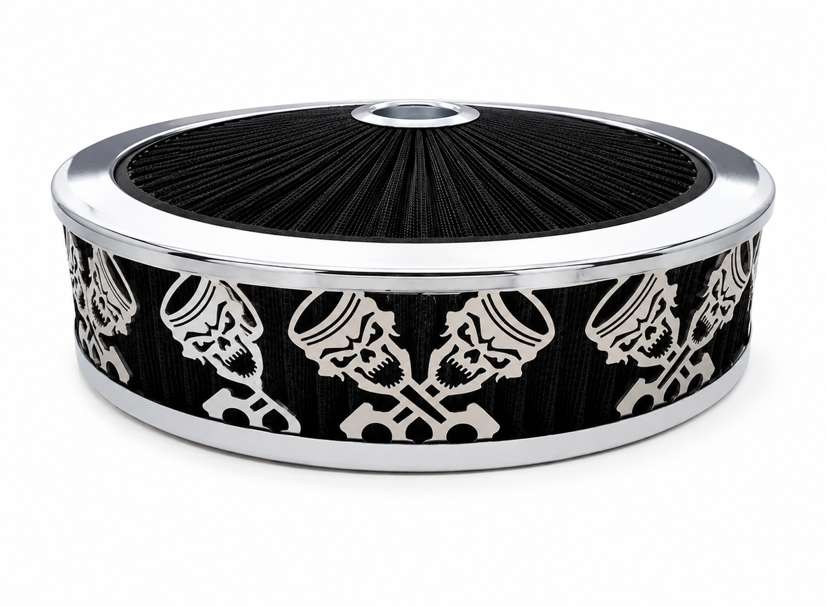Granatelli Blingz Beauty Bandz Black & Chrome Air Filter Assembly – Skullz and Rods Graphic – 750030