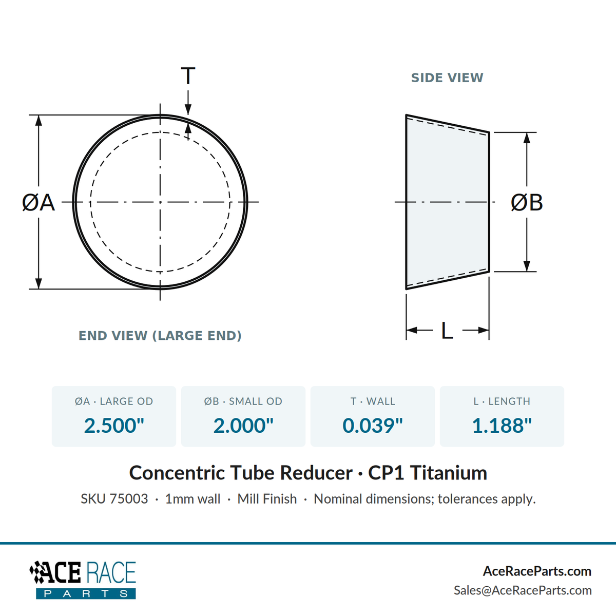 2.500" OD x 2.000" OD 0.039" (1mm) Reducer CP1 Titanium - (1.188" Long)