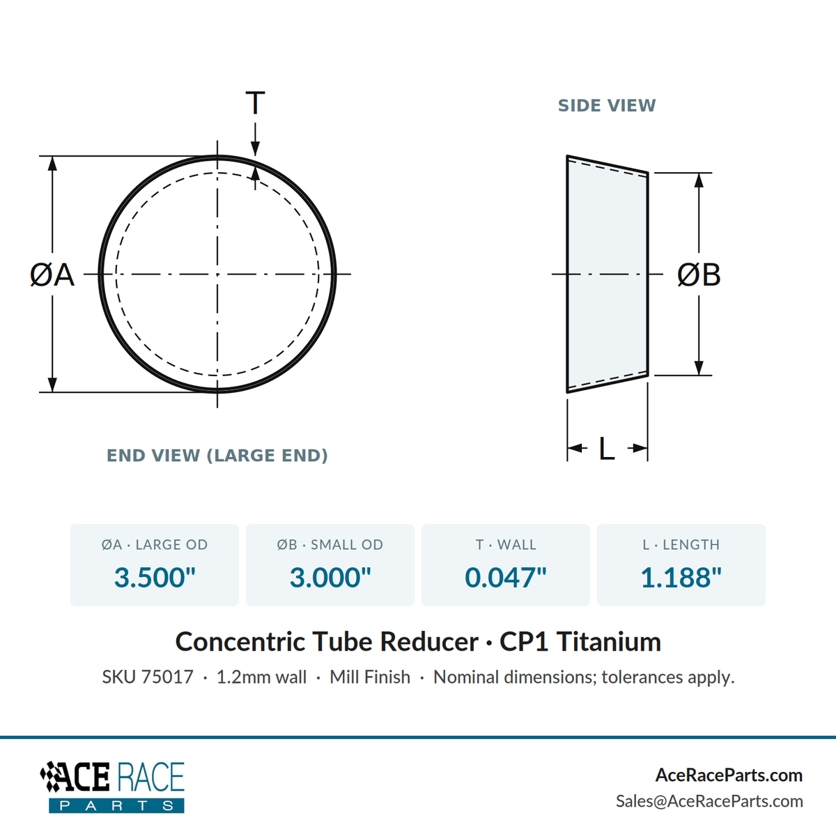 3.500" OD x 3.000" OD 0.047" (1.2mm) Reducer CP1 Titanium - (1.188" Long)