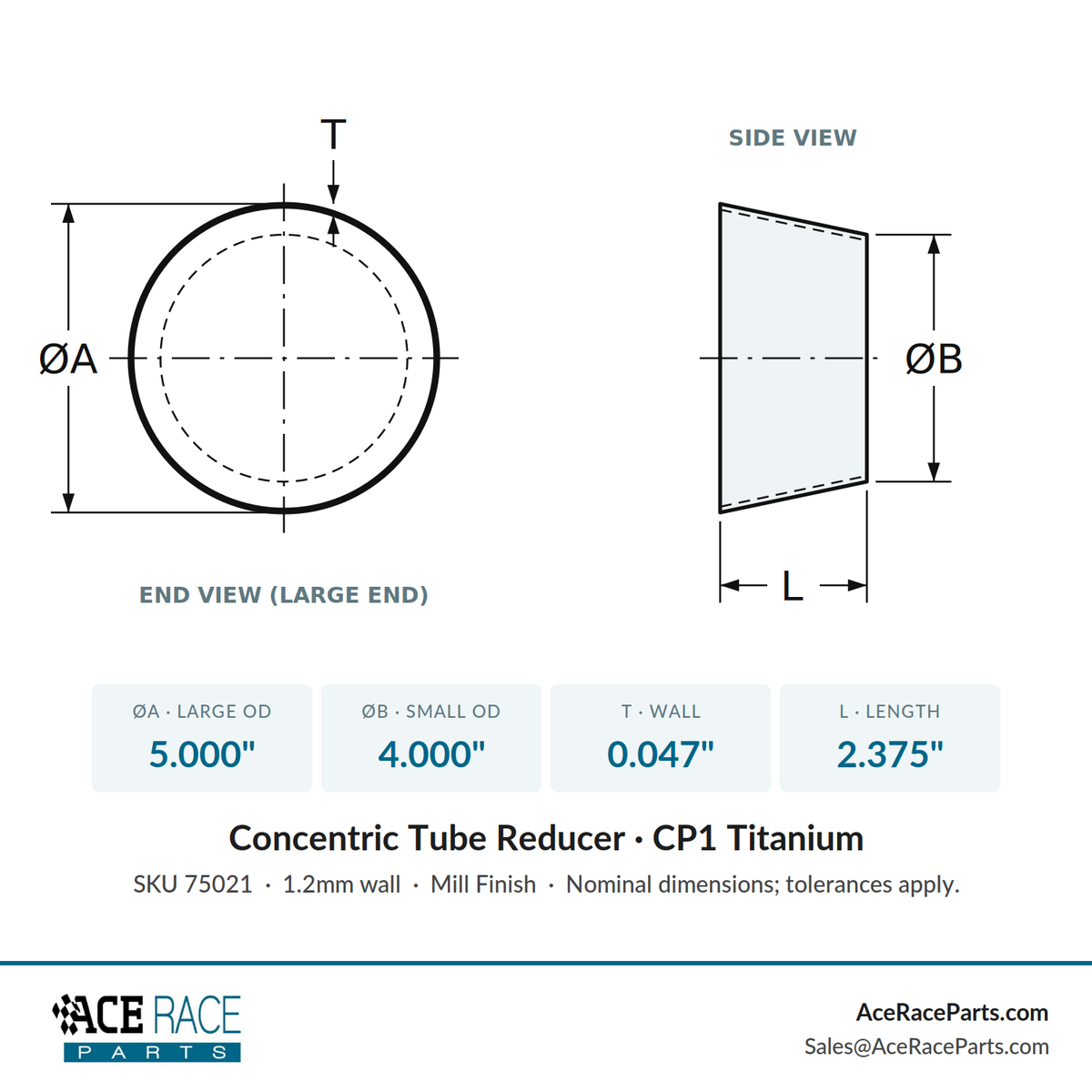 5.000" OD x 4.000" OD 0.047" (1.2mm) Reducer CP1 Titanium - (2.375" Long)