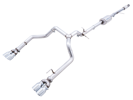 AWE Tuning 0FG Catback Split Rear Exit Exhaust for 4th Gen Silverado/Sierra 1500 5.3L (With Bumper Cutouts) - Quad Chrome Silver Tips 3015-42201