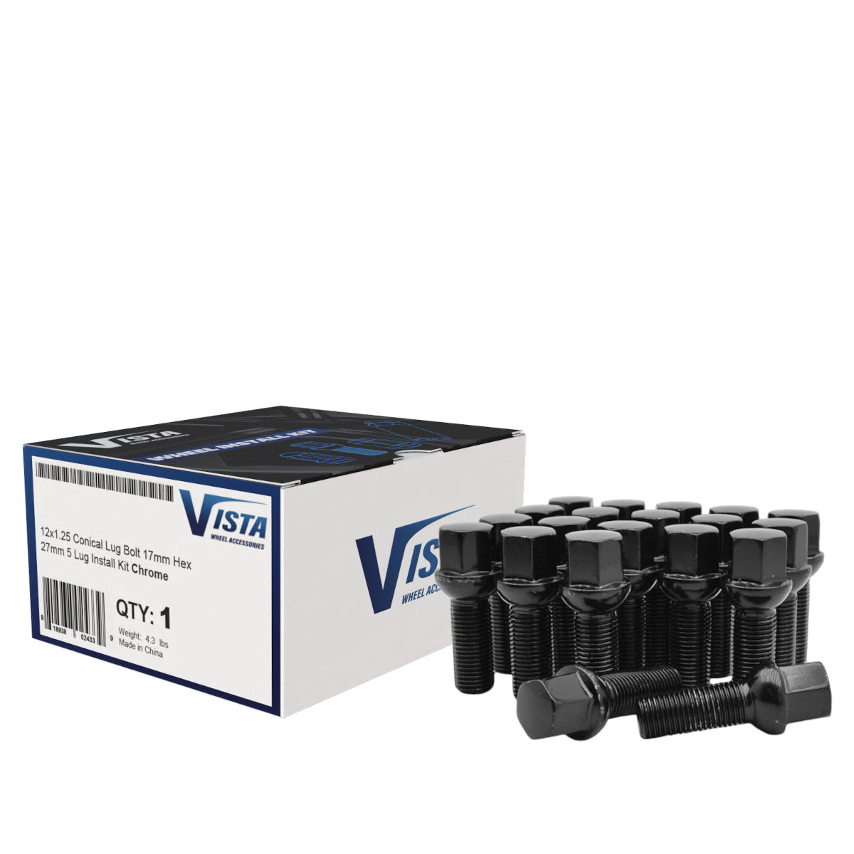 14x1.50 Ball Lug Bolt 17mm Hex 39mm 5 Lug Install Kit Black - Vista Wheel Accessories DPC39014BBHB