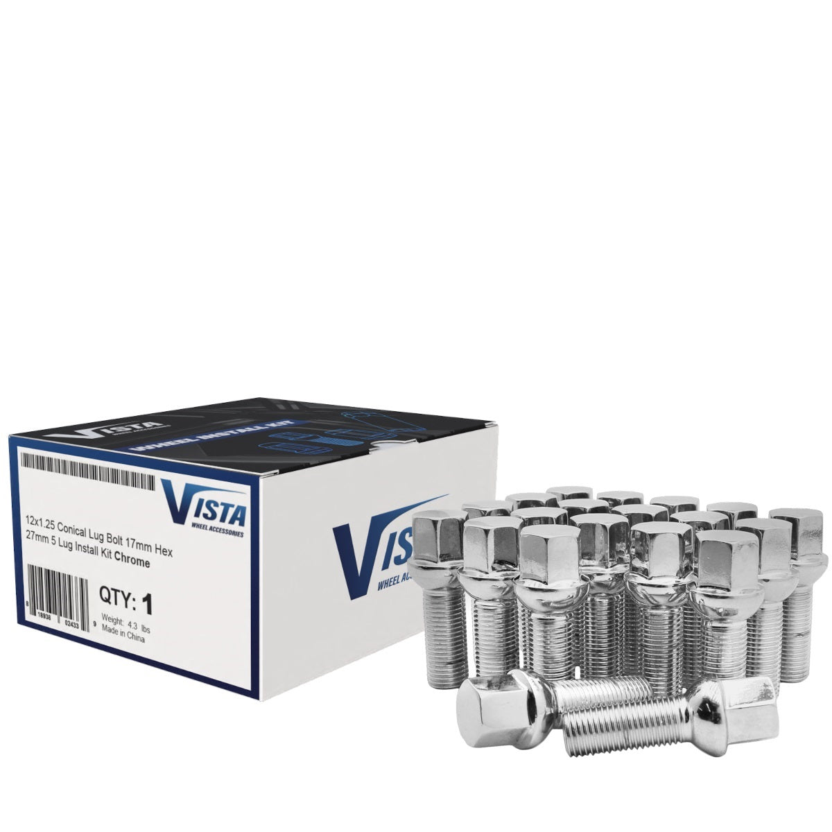 14x1.50 Ball Lug Bolt 17mm Hex 50mm 5 Lug Install Kit Chrome - Vista Wheel Accessories DPC50014BBH