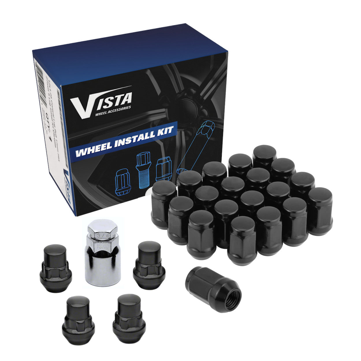 12x1.5 Bulge Acorn Lug Nuts 3/4" Hex 1.38" 5 Lug Install Kit Black - Vista Wheel Accessories DPC55015HB