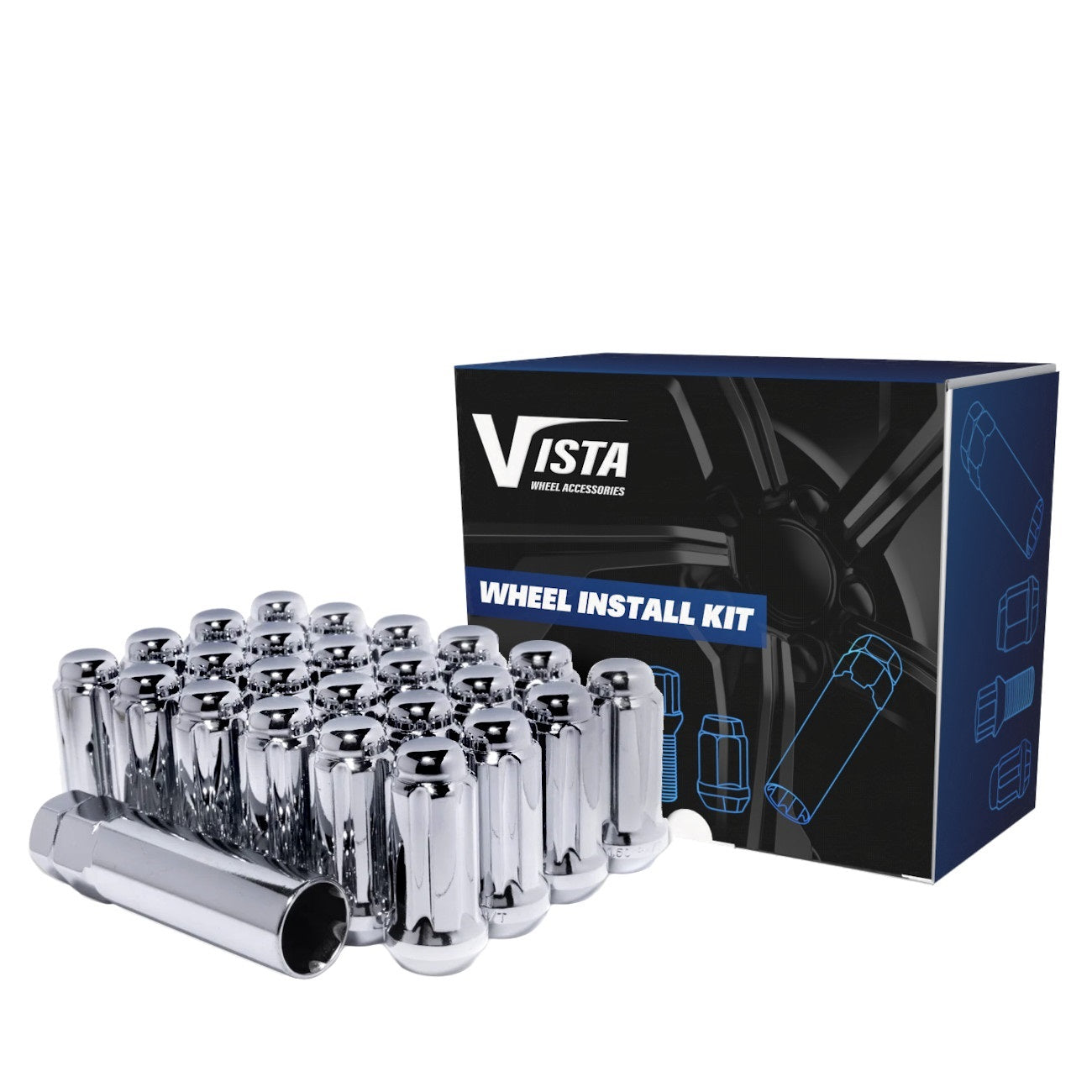 14x2.0 Bulge Acorn Spline Lug Nuts 1.9" 5 Lug Install Kit Chrome - Vista Wheel Accessories DPC5542ST