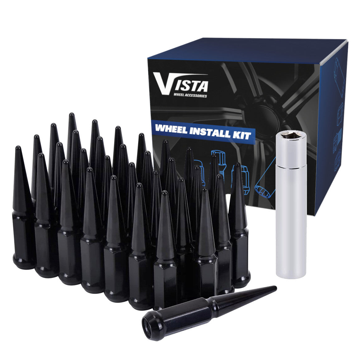 14X1.5 Spike Lug Nuts 3/4" Hex 4.37" 8 Lug Install Kit Black - Vista Wheel Accessories DPC5814LSPKB