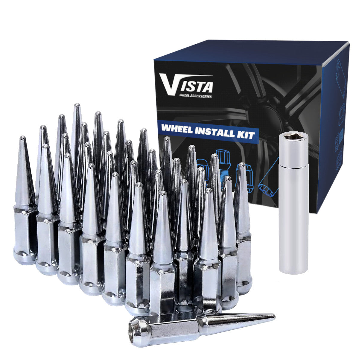 14X2 Spike Lug Nuts 3/4" Hex 4.37" 8 Lug Install Kit Chrome - Vista Wheel Accessories DPC5842LSPK