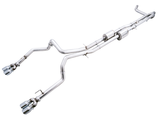 AWE Tuning 0FG Catback Split Rear Exit Exhaust for 4th Gen Silverado/Sierra 1500 6.2L (with bumper cutouts) - Quad Chrome Silver Tips 3015-42203