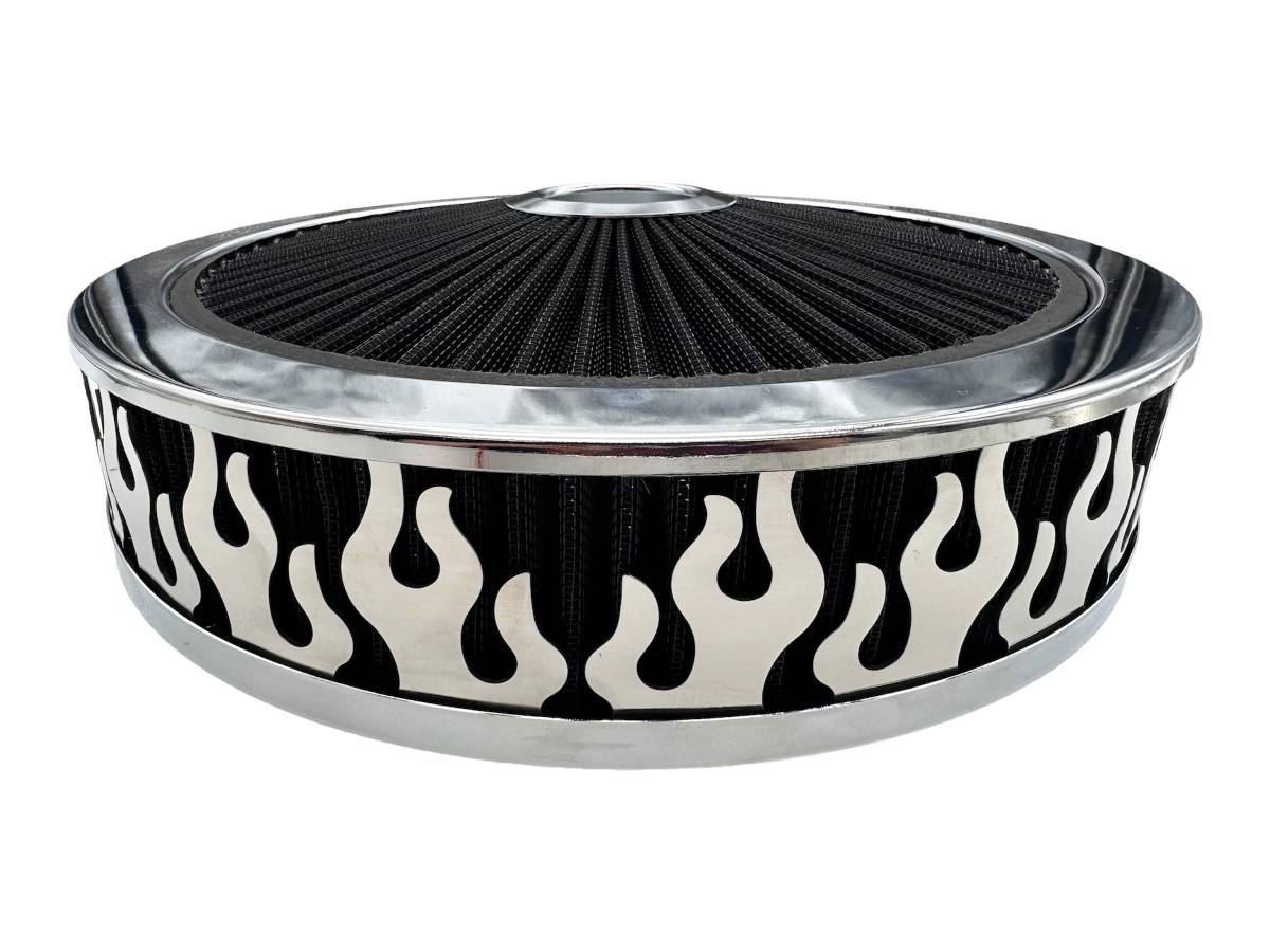 Granatelli Blingz Beauty Bandz Black & Chrome Air Filter Assembly – Flames Graphic – 750031