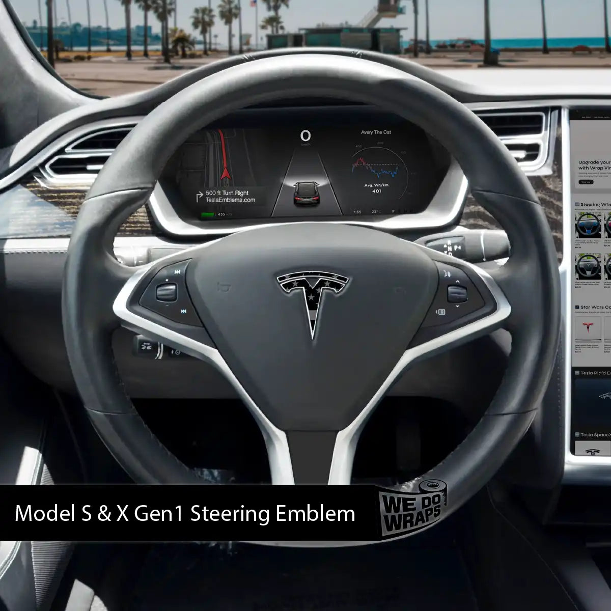Ghost Black Patriot Flag Tesla Steering Wheel Emblem Decal | Model S