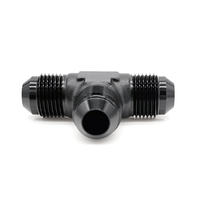-6AN Male AN Flare Tee, Black Hard Anodized Aluminum