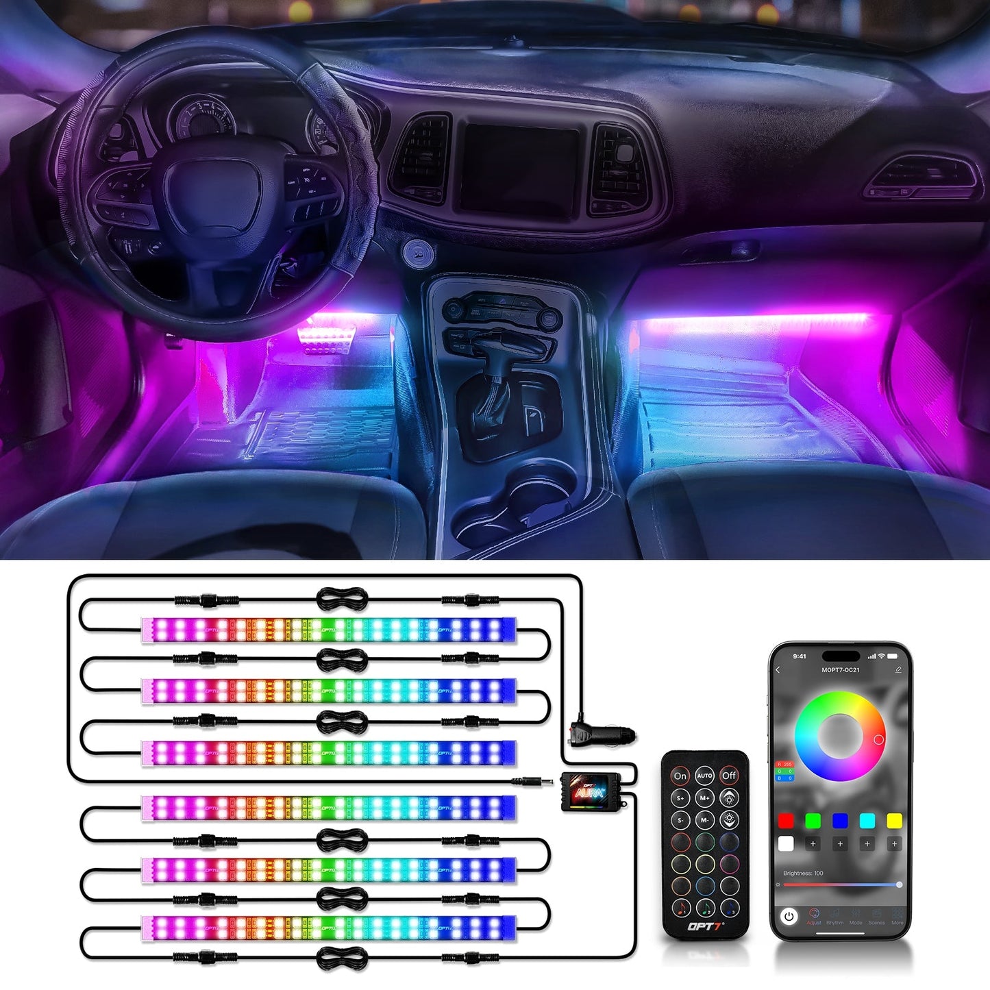 AURA DreamColor Double Row LED Interior Ambient Lighting Kit (4 x 12 Inch or 6 x 12-Inch) - Bluetooth APP and Remote Enabled Full Color Spectrum