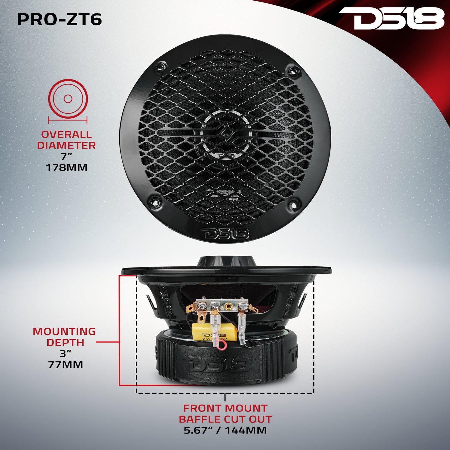 PRO-ZT 6.5" Coaxial Mid-Range Loudspeaker with Water-Resistant Cone Built-in Bullet Tweeter and Grill | 225W RMS 4-Ohm